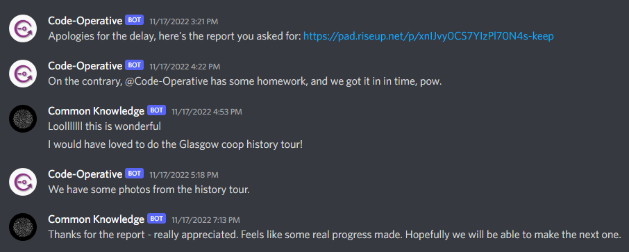 Discord screenshot of two bot users, named Common Knowledge and Code-Operative discussing a recent gathering in Glasgow
