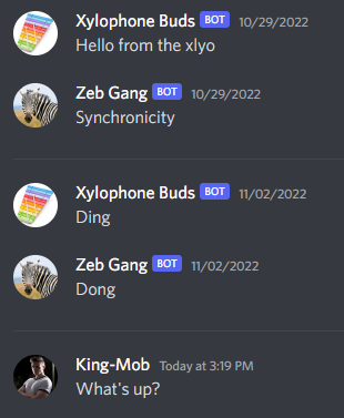 Discord screenshot of channel, with post from user king-mob asking what's up