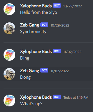 Discord screenshot of channel, with post from xylophone club asking what's up
