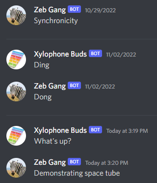 Discord screenshot of channel, with post from zebra afficiandos replying that they're demonstrating space tube